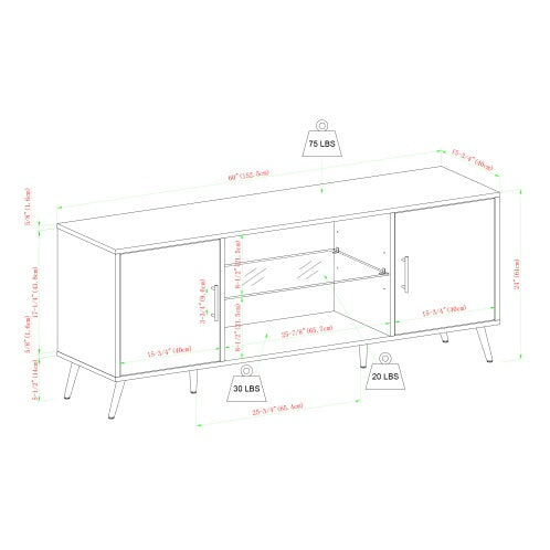 Mid-Century Modern 2-Door TV Stand For TVs With Glass Shelf - Dark Walnut