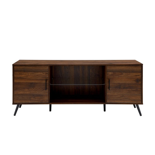 Mid-Century Modern 2-Door TV Stand For TVs With Glass Shelf - Dark Walnut