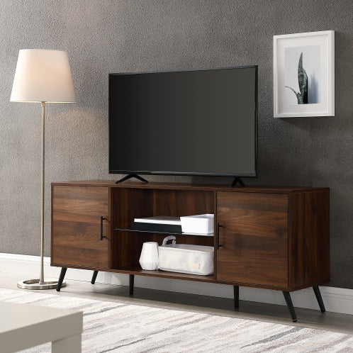 Mid-Century Modern 2-Door TV Stand For TVs With Glass Shelf - Dark Walnut