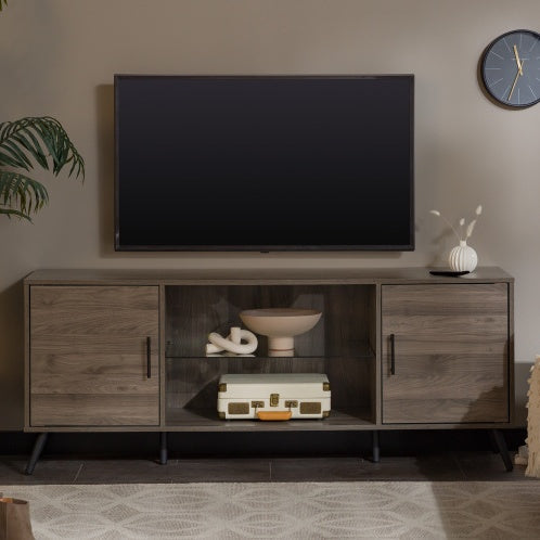 Mid-Century Modern 2-Door TV Stand For TVs With Glass Shelf - Dark Walnut
