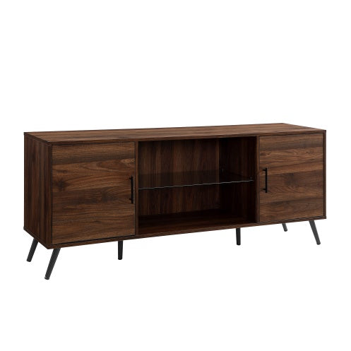 Mid-Century Modern 2-Door TV Stand For TVs With Glass Shelf - Dark Walnut